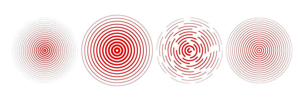 Red radial concentric circles. Rippled, dashed and dotted rings for epicenter, target, radar, earthquake shockwave symbols. Sound wave signal collection. Expansive vibration elements vector