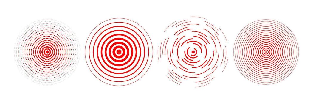 Red radial concentric circle set. Rippled, dashed and dotted rings pack for epicenter, target, radar, earthquake shockwave. Sound wave signal collection. Expansive vibration elements vector