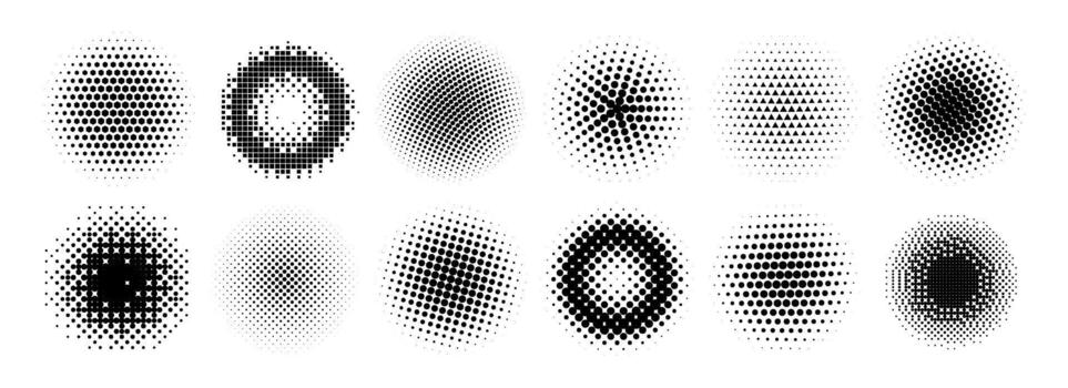 trama de semitonos radial degradado recopilación. punteado textura redondo patrones. cómic círculos antecedentes colocar. resumen pixelado elementos para marco, póster, collage, bandera, volantes. dibujos animados haz vector