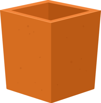 A 3D rendering of an empty orange square-shaped pot, viewed at an angle in digital artwork. png