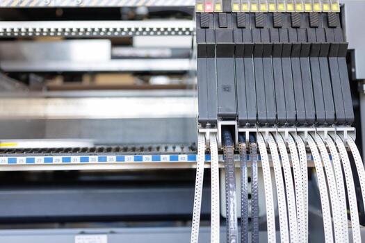 SMT pick and place feeders with component reels on automated PCB line photo