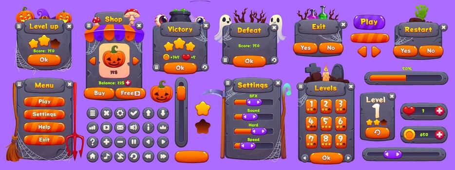Halloween game interface and settings options vector