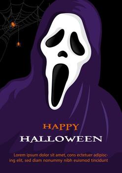 Closeup spooky ghost, the Angel of Death with Happy Halloween letters and spider web, example texts on black background. vector