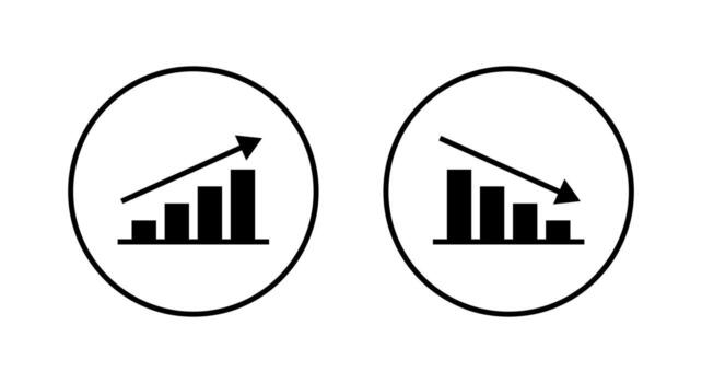 Business bar graph icon with upward and downward arrow. Trend analysis symbol in circular outline vector
