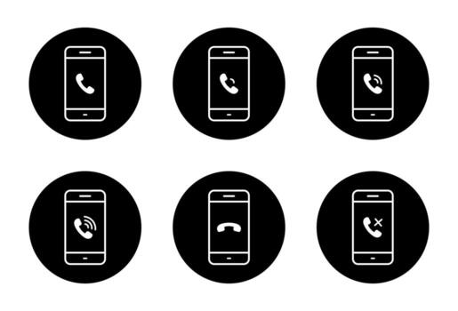 móvil teléfono con llamada icono conjunto en negro círculo. entrante, El sonar, colgar arriba y rechazado llamada estado símbolo vector