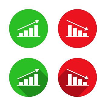 Business bar graph icon with upward and downward arrow. Trend analysis symbol with long shadow vector