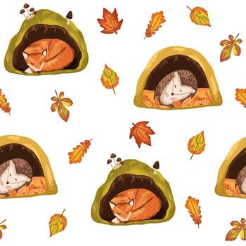 Autumn seamless pattern with sleeping fox and hedgehog in hole den vector
