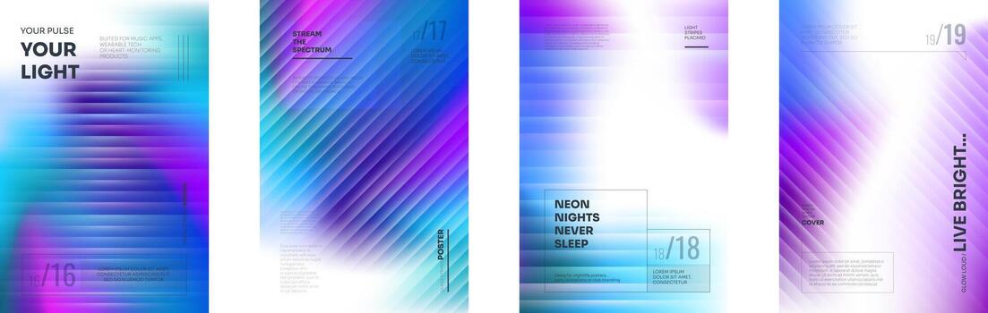 Holographic ribbed glass gradient with prismatic ripple texture. Neon Y2K background in purple and pink tones. Modern abstract with iridescent chromatic light effect. Placeholder text poster set vector