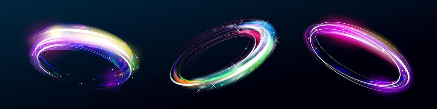 Iridescent neon spiral with glowing swirl and magic sparkle. Abstract circular energy motion with dynamic lines. Futuristic gradient light effect on dark background. vector