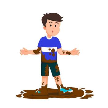 A boy with a confused expression from getting hit by the mud vector