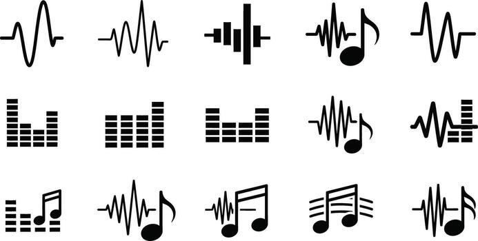 Black sound waves and music notes displaying audio frequency in a simple design vector