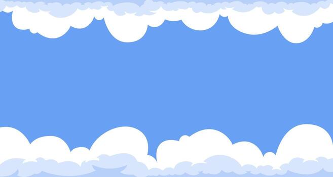 Blue sky background with cartoon cloud borders. A simple banner template with fluffy white clouds at the top and bottom, providing ample copy space for kids' presentations or website headers. vector