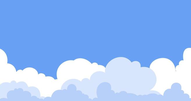 Cartoon blue sky with a fluffy cloud landscape at the bottom. A simple and cute background template providing a peaceful scene with ample copy space. vector