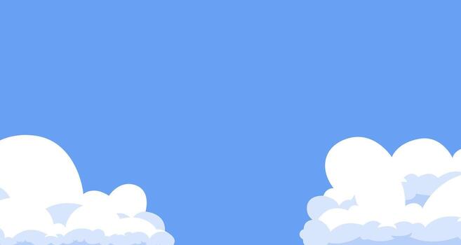 Cartoon sky background with cloud corners. A simple blue sky template with fluffy white clouds, creating a frame for kids' invitations, posters, or social media posts. vector