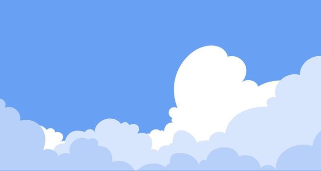Blue sky background with a fluffy cloudscape border at the bottom. A simple cartoon template with a clear sky, providing copy space for presentations or web banners. vector