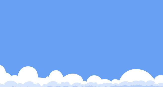 Blue sky background with a simple cloud footer. A minimalist cartoon template with fluffy white clouds along the bottom, providing a clean landscape with open copy space for text. vector