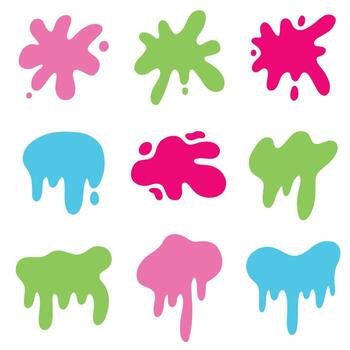 Set of colorful flat paint drips and splats. A simple collection of hand-drawn liquid slime shapes for fun, creative graphic design projects. vector