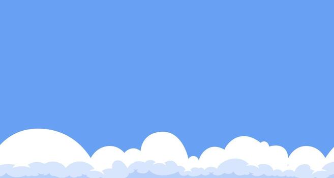 Simple sky background with a fluffy cloud border. A cartoon template with a blue sky and white clouds at the bottom, creating a clean backdrop for web banners or flyers. vector