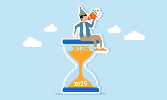 Man wearing a party hat blowing a trumpet while sitting on an hourglass with numbers 2025 and 2026 illustration of appreciation for the 2026 New Year celebration vector
