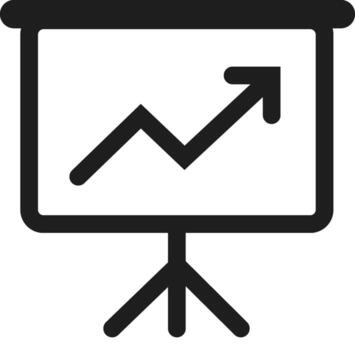 Simple black and white icon of a presentation screen with an upward trending graph indicating growth and success vector
