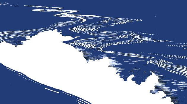 Hand drawn Japanese-inspired abstract river design with flowing lines and indigo tones. Evokes traditional woodblock art, symbolizing movement, nature, and calm simplicity. vector