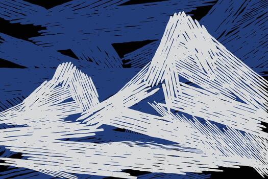 Hand drawn brush lines abstract mountains pattern, Japanese and ethnic wood carving, block print, woodcut texture background in white and blue, creative and experimental graphic for textile, carpet vector