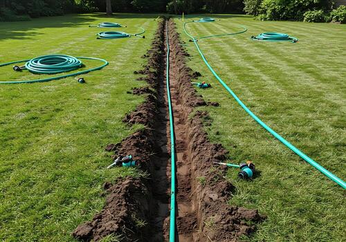 Underground Irrigation System Installation in Lawn. photo
