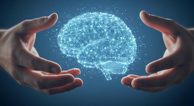 Hands Holding Digital Brain Network Symbolizing Artificial Intelligence and Innovation. photo