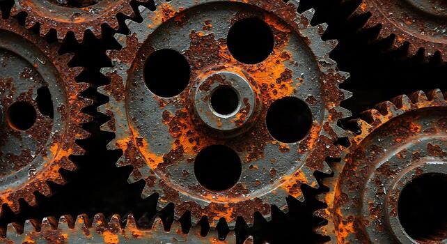 Times Corrosion - An Intricate Pattern of Rusty Interlocking Gears Against a Dark Background. photo