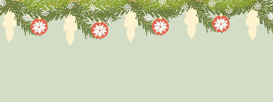 Christmas banner with fir tree branches, frame of New Year's tree toys and decorations, empty space for insertion. vector