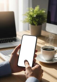 de cerca de un del hombre de negocios manos participación un teléfono inteligente con un blanco blanco pantalla para Bosquejo en un moderno oficina espacio de trabajo con un ordenador portátil y café foto