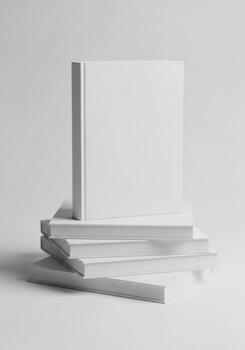 Minimalist studio shot of a stack of blank white hardcover books with one standing upright, perfect for a design mockup or template photo