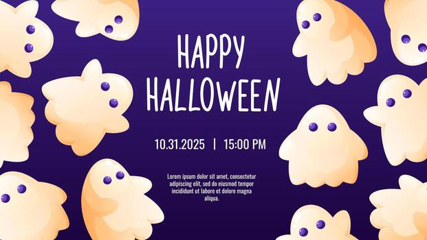 A horizontal flyer with a frame of funny ghosts in various poses on a dark background. Happy Halloween. Festive background, and advertising banner. Template for advertising, the web, and social media vector