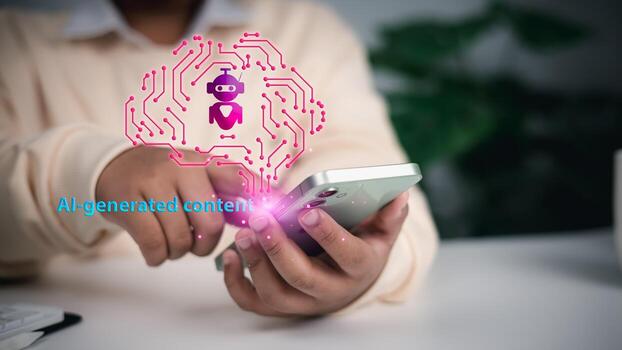 artificial inteligencia generado contenido concepto con teléfono inteligente y digital ai robot icono foto