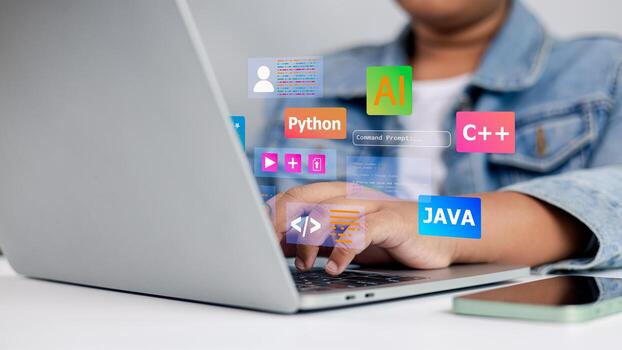 Young student coding on laptop with programming languages Python Java C AI technology concept photo
