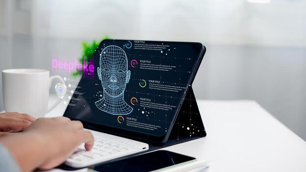 deepfake tecnología concepto en tableta pantalla con ai cara reconocimiento y datos análisis foto