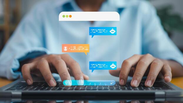 Artificial intelligence chatbot conversation on laptop computer, AI assistant technology for online communication and customer support photo