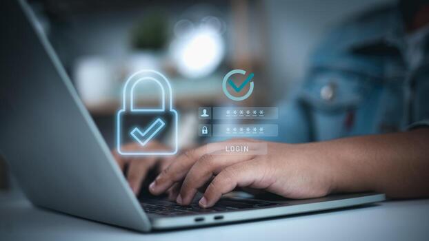 Cybersecurity Login Authentication with Password Protection and Data Privacy on Laptop photo