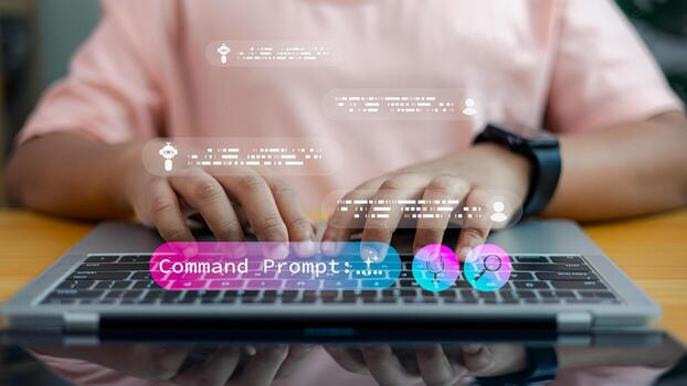 Man typing on laptop with AI chatbot interface and command prompt technology concept photo