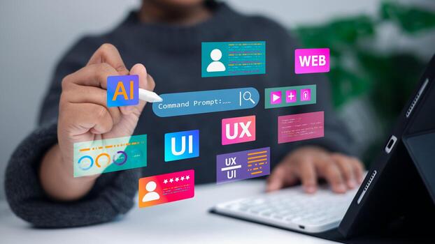 diseñador trabajando en tableta con ui ux ai web desarrollo tecnología interfaz concepto foto
