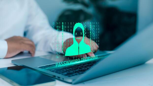Cybersecurity Hacking Threat with Password Decryption and Data Breach Concept photo