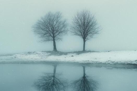 Two leafless trees reflecting on a calm winter lake in a foggy landscape photo