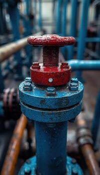 Close-up of industrial pipe valve with red and blue paint in factory setting photo