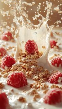 Fresh raspberries falling into a bowl of milk with granola, creating a splash effect, with scattered cereal pieces. photo