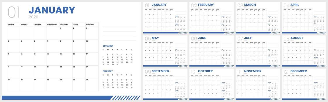 Clean calendar template for 2026. Monthly calendar layout with planner and notes. Desk calendar design for company. vector