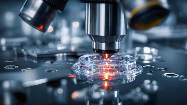 Advanced laboratory process involving a high-precision microscope focused on a transparent cell culture dish with illuminated detection, emphasizing scientific research and biotech photo