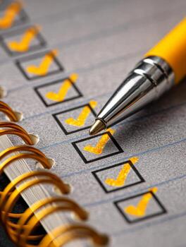 Close-up of a yellow pen marking completed tasks with bright checkmarks in a spiral-bound notebook checklist on textured paper surface photo