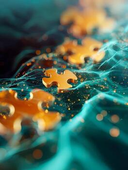 Golden puzzle pieces interconnected by vibrant digital network strands representing problem solving and connectivity in futuristic technology concepts photo