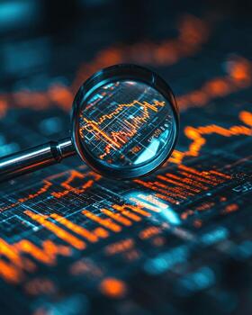 Close-up of a magnifying glass analyzing financial stock data on a digital screen with glowing orange and blue graphs photo