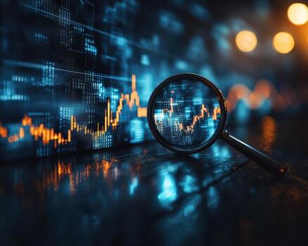 Analyzing financial stock data with magnifying glass on digital screen photo